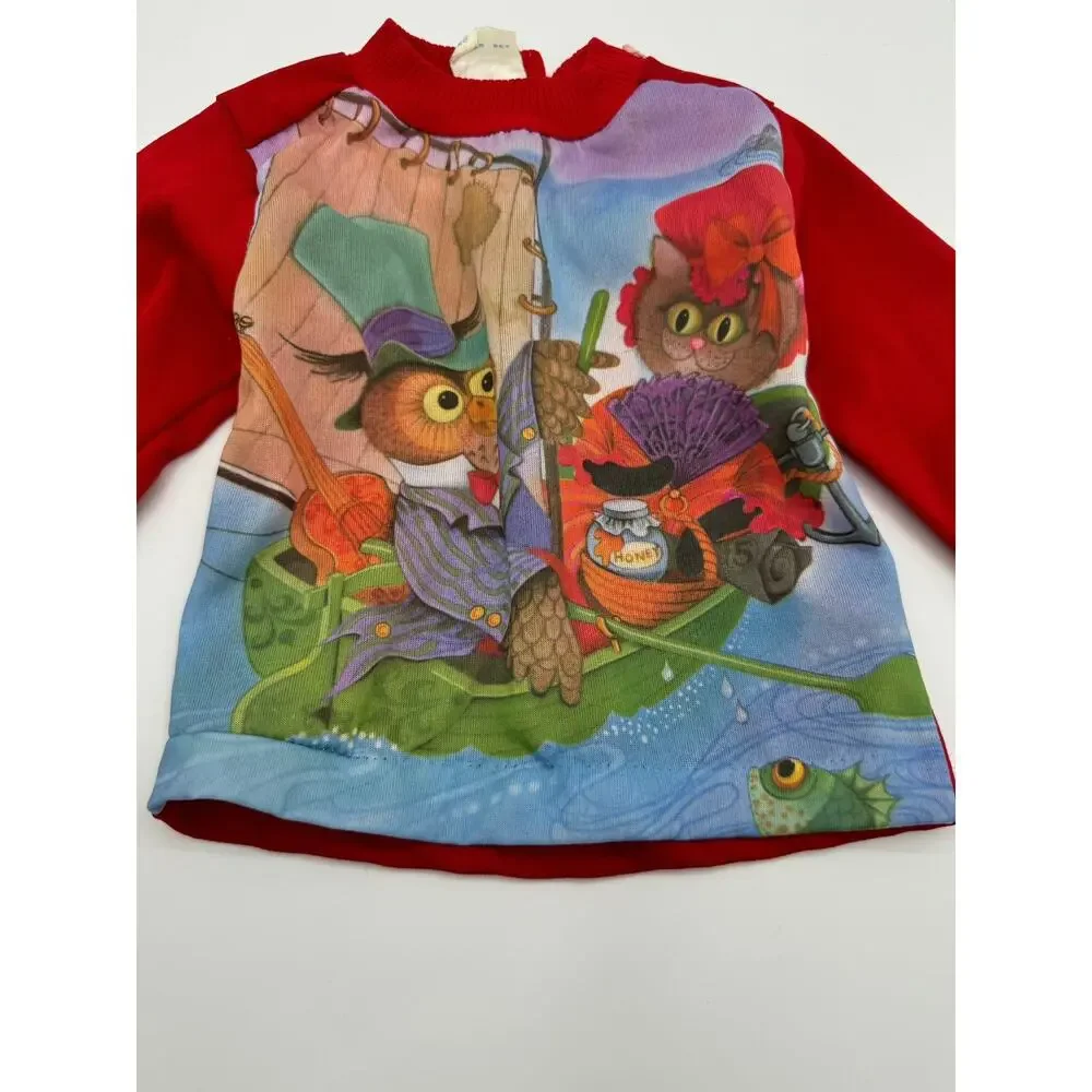 Vintage 80s Playtown Owl Graphic Sweatshirt Red Sleeves Hong Kong 12M RARE‎